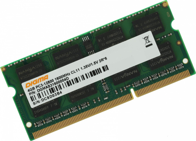 Оперативная память Digma DGMAS31600004D DDR3 - 1x 4ГБ 1600МГц, для ноутбуков SO-DIMM , Ret