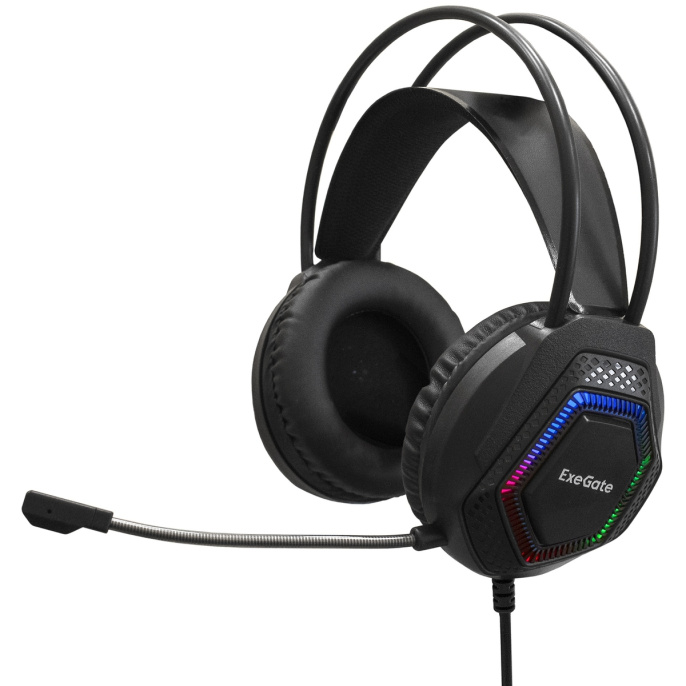 Полноразмерные игровые наушники с микрофоном (гарнитура) ExeGate Cosmos HS-704GL (регулировка оголовья, гибкий дежатель микрофона, объемный звук 7.1, длина кабеля 2.5м, динамик 50мм, 20-20000Гц, RGB подсветка, USB интерфейс, регулировка громкости, Color B