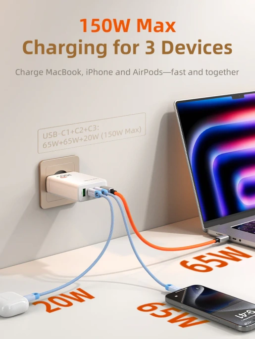 Сетевое зарядное устройство CABLETIME G150W (CT-GAN150-PW) 150 Вт, PD 3.1, GAN 3C1A, белый