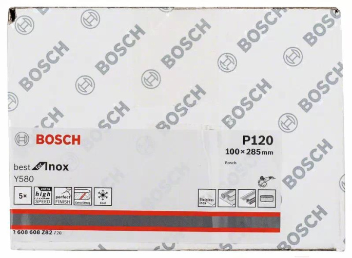 Шлифлента Bosch Y580 Best for Inox 100x285мм K120 5шт 2.608.608.Z82 для шлифмашин с барабаном, для поверхностей из нержавеющей стали, основа из ткани X-cloth, абразивная крошка из циркониевого корунда, диаметр: 90 мм, ширина: 285 мм, размер зерна: 120