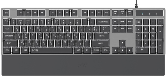 Клавиатура HAFF Gravix (KBD-GK150) (мембранная, проводная: USB, алюминиевая панель, подставка под запястье, RGB- подсветка, 1.6 м плетеный кабель, цвет: серебристый)