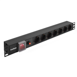 Блок розеток с защитой от перегрузки и разъемом подключения C14 ExeGate ServerPro PDU-19H702 Al-7S-C14-SW-O (19", 1U, Алюминий, 7*EU/Тип F(Schuko), C14, защита от перегрузки, черный, RTL) EX280837RUS