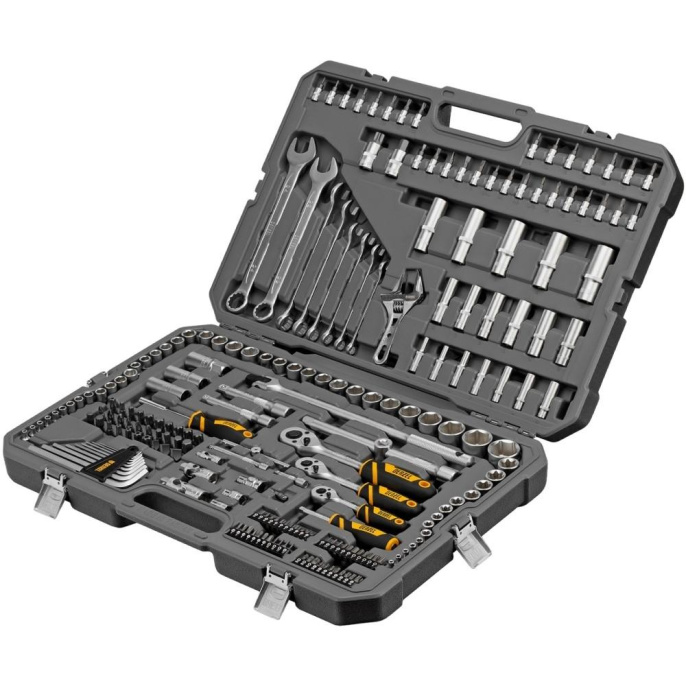 Набор инструментов, 1/2", 1/4", 3/8", CrV, S2, пластиковый кейс, 216 предметов// Denzel [15807]