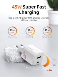 Зарядное устройство CABLETIME GA45W (CT-GAN45-PW) GaN PD3.0 45 Вт A+C, белый