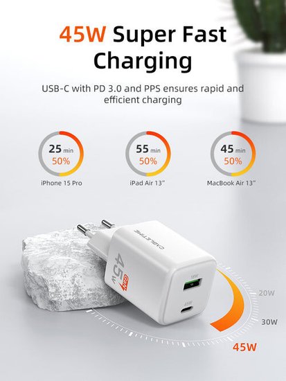 Зарядное устройство CABLETIME GA45W (CT-GAN45-PW) GaN PD3.0 45 Вт A+C, белый
