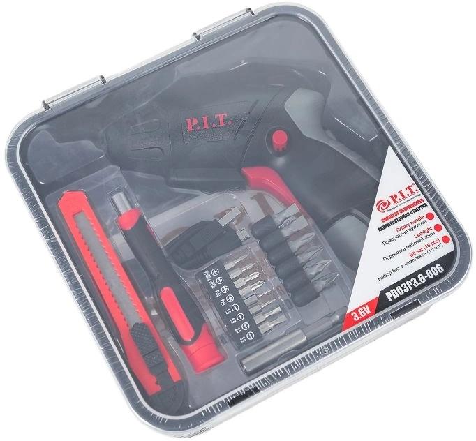 Электроотвертка P.I.T. PD03P3.6-006 аккумуляторная, 3,6 В, 3.5 Нм, 1.3 Ач, биты 15шт, поворотная рукоятка, USB ЗУ, фонарик, кейс