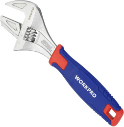 Ключ разводной WorkPro WP272014 200мм (хром-ванадиевая сталь, 2-в-1: разводной ключ и клещи для водяных насосов, сверхширокое раскрытие губок: 38 мм, удобная ручка из двойного материала)
