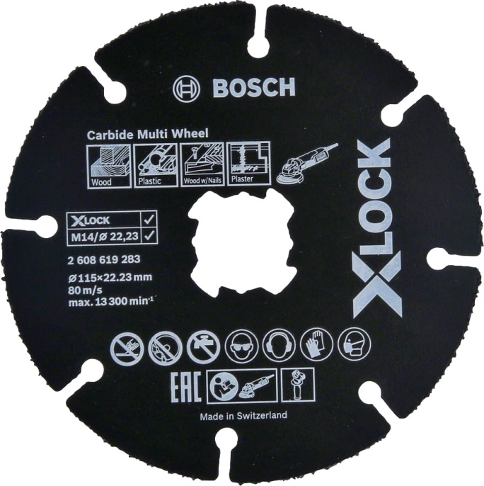 Отрезной диск Bosch X-lock 2.608.619.283 обрабатываемый материал: дерево/пластик/гипсокартон, 115 мм, посадочный диаметр 22.23 мм