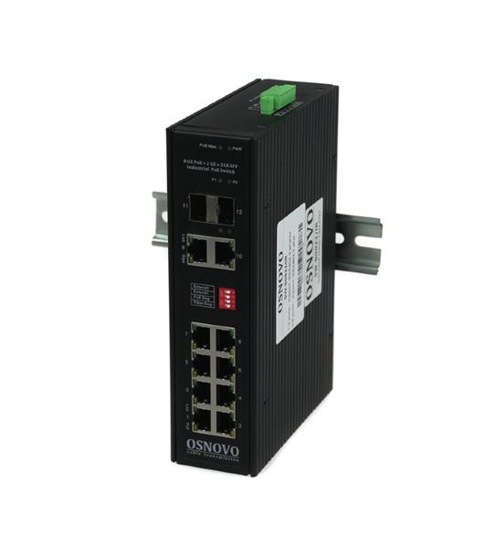 Промышленный PoE коммутатор Gigabit Ethernet OSNOVO SW-80822/IR Промышленный PoE коммутатор Gigabit Ethernet на 10 портов. Порты: 2 x GE 10/100/1000Base-T с PoE BT до 90W + 6 x GE 10/100/1000Base-T с PoE до 30W + 2 x GE RJ45 10/100/1000
