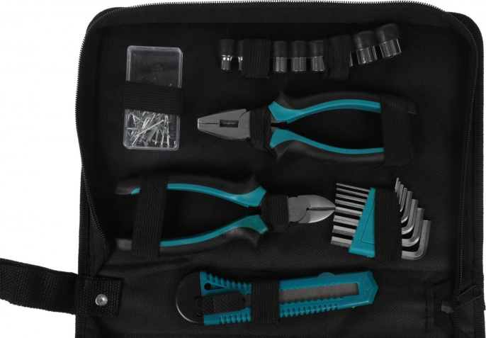 Набор инструментов Bort BTK-37 93722388 37 предметов: отвертка часовые, 2 шт, SL3, HP1 , плоскогубцы, нож, бокорезы, крепеж: гвозди, в комплекте рулетка, сумка