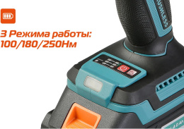 Винтоверт Sturm! CD250H (питание: аккумулятор, бесщеточный двигатель, 2600 об/мин, крутящий момент: 250 Нм, тип батареи: Li-Ion, напряжение: 18 В, патрон: шестигранный, 1/4" (6.35 мм), емкость: 4 Ач, подсветка рабочей зоны, тормоз двигателя, реверс, кейс)