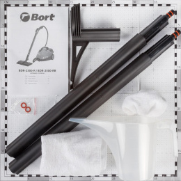 Пароочиститель Bort BDR-2300-R 93722609 напольный, 2100 Вт, объем бачка: 1.5 л, постоянная подача пара: 45 г/мин, время непрерывной работы: 35 мин, горизантальное/вертикальное отпаривание, время нагревания: 360 сек