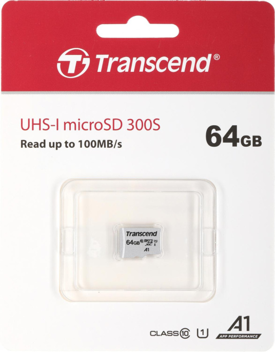 Карта памяти microSDXC UHS-I U1 Transcend 64 ГБ, 100 МБ/с, Class 10, TS64GUSD300S, 1 шт., без адаптера