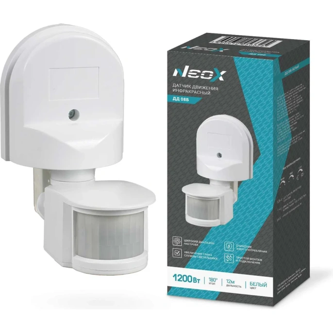 Датчик движения инфракрасный Neox ДД 08Б 1200Вт 180 гр.12м IP44 белый 4690612053325