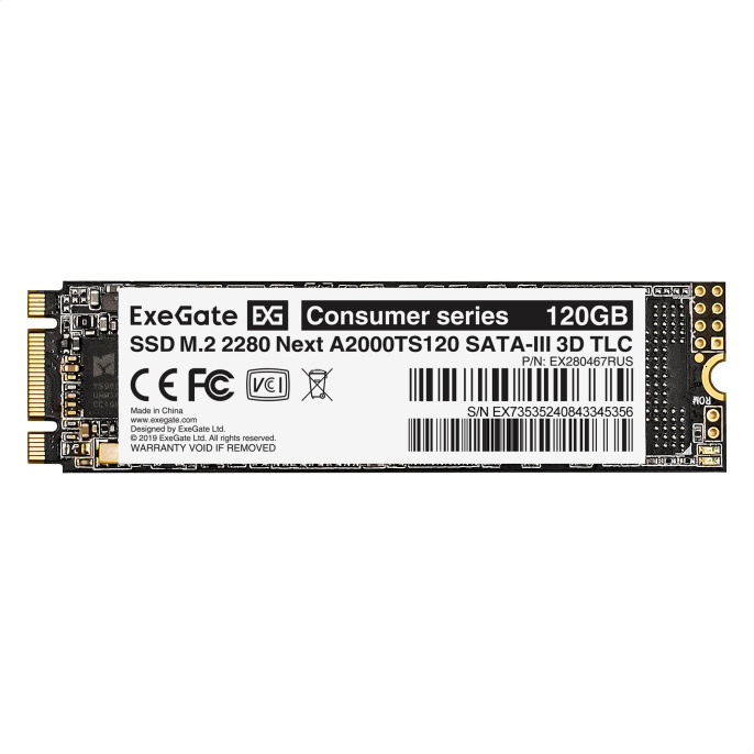 Накопитель SSD M.2 2280 SATA 120GB ExeGate Next A2000TS120 (SATA-III, 22x80mm, 3D TLC) EX280467RUS