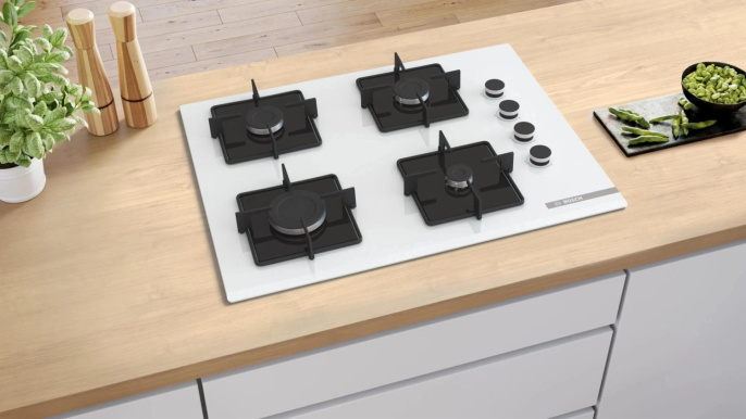 Газовая варочная панель Bosch POP7C2P30O,  4 конфорки,  закаленное стекло,  белый