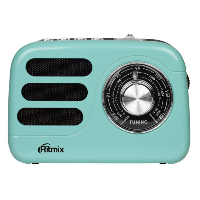 Радиоприемник Ritmix RPR-033 лазурный стационарный, AM/FM, звук 5 Вт,100 — 18 000 Гц,Емкость аккумулятора- 1 200 мА·ч
