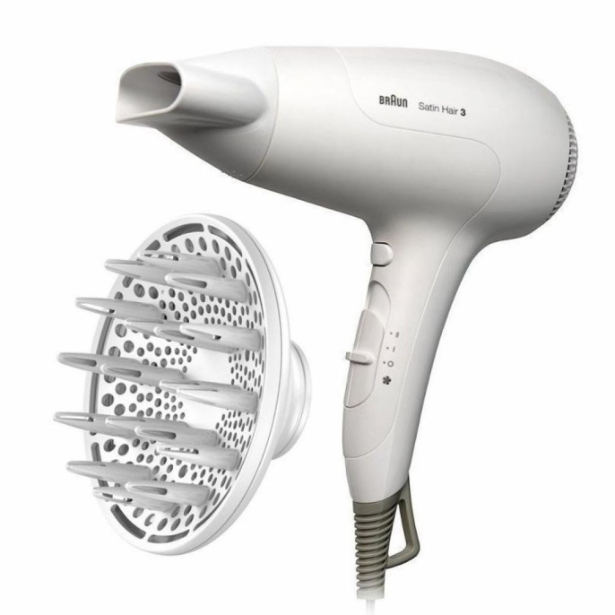 Фен Braun BRHD385E (2000 Вт, ионизация, независимая регулировка температуры, количество режимов: 5, подача холодного воздуха, насадки: концентратор, диффузор, шнур: 1.8 м, цвет белый)