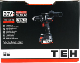 Дрель-шуруповерт TEH TDBL1520-1B (напряжение: 20 В, обороты: 0-500/2200 об/мин, крутящий момент: 150 нм, быстрозажимной патрон: 13 мм, в комплекте: крюк для ремня, комплектация: акб 4 ач, зу, кейс stack)