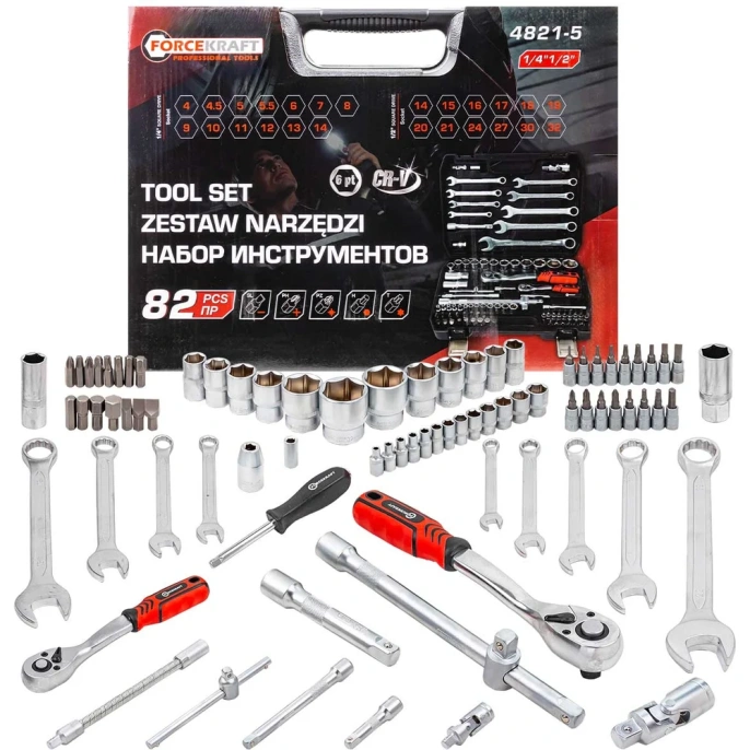 Набор инструментов Forcekraft 82 пр. 1/2", 1/4" 6гр., 4-32 мм Profi 16212 FK-4821-5(16212)