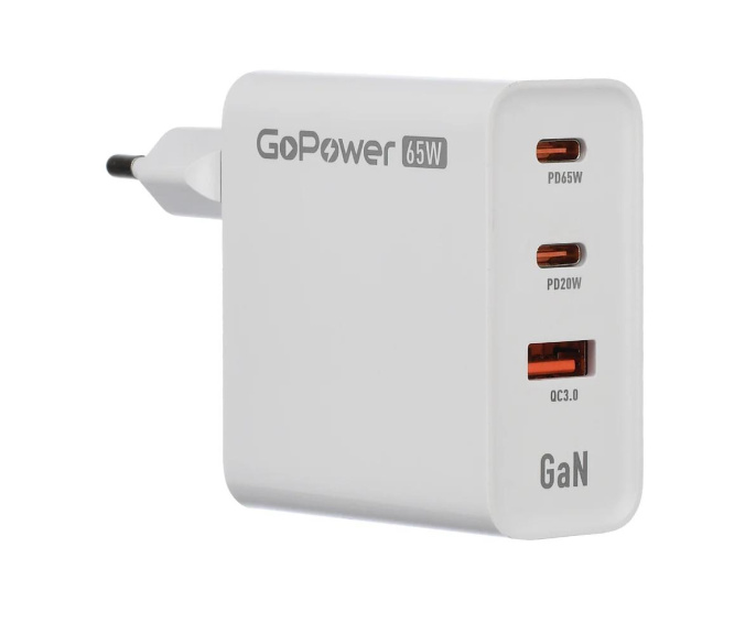 Сетевое З/У/ Сетевое З/У GoPower GPQC10 1USB+2Type-C 65W QC3.0 GAN белый (00-00028405)