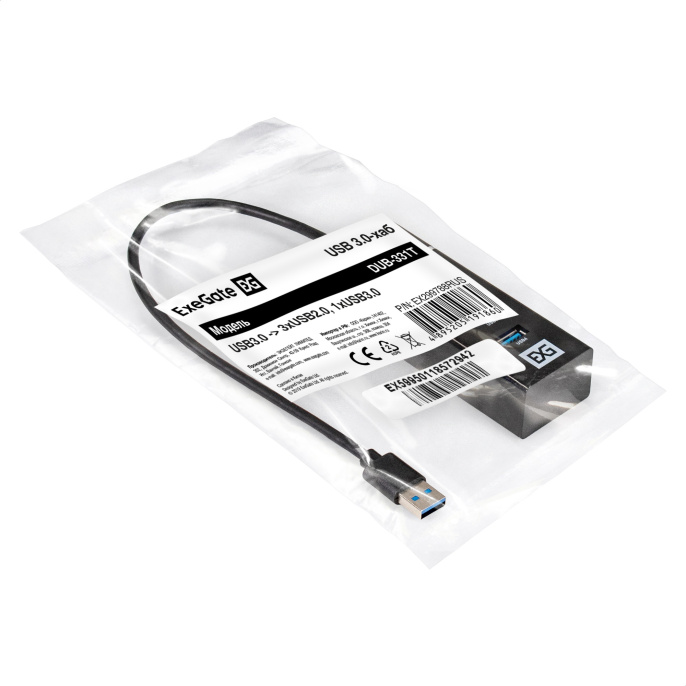 USB-Хаб (концентратор) 4-в-1 ExeGate DUB-331T (кабель-адаптер USB3.0 --> 3xUSB2.0, 1xUSB3.0, Plug&Play, черный) EX299788RUS