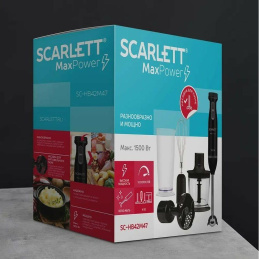 Блендер Scarlett SC-HB42F08 (погружной, мощность: 900 Вт, 2 скорости, эргономический дизайн, материал металл, режим турбо, венчик для взбивания, измельчитель, цвет черный)