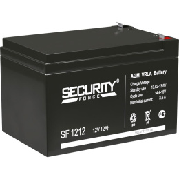 Батарея SECURITY FORCE серия SF, SF 1212, напряжение 12В, емкость 12Ач разряд 20 часов , макс. ток разряда 5 сек. 16.2А, макс. ток заряда 3.6А, свинцово-кислотная типа AGM, клеммы F2, ДxШxВ 151х98х95мм., вес кг., срок службы 3-5 лет./ Battery SECURITY