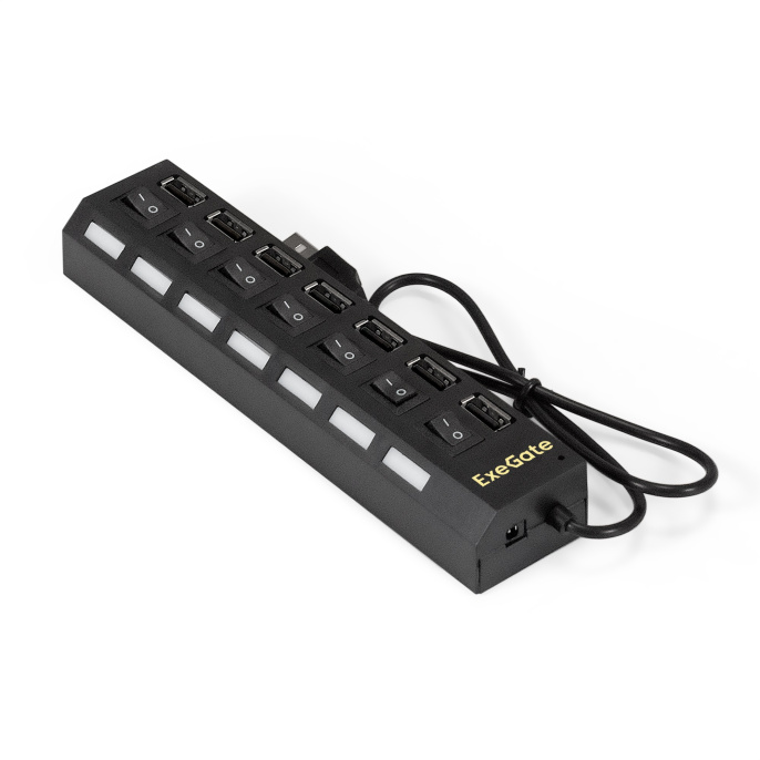 USB-Хаб концентратор 7-в-1 ExeGate DUB-72SW кабель-адаптер USB2.0 -- 7xUSB2.0, кнопки включения/отключения для каждого порта, Plug&Play, черный EX293978RUS