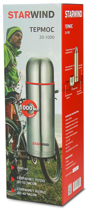 Термос StarWind 20-1000, 1л, серебристый/ красный