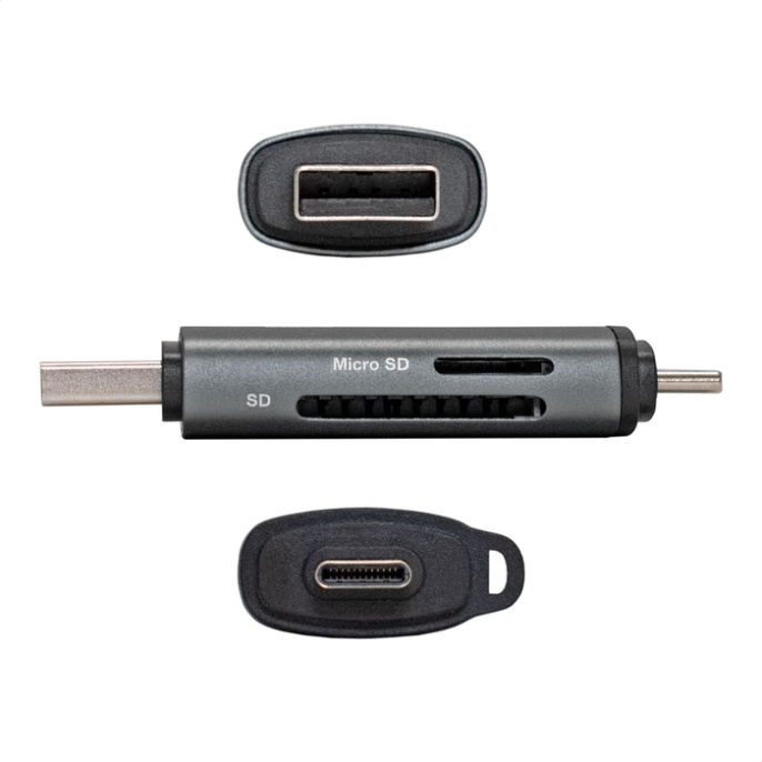 Устройство чтения/записи карт памяти ExeGate CR-201CA компактный картридер USB Type-A + Type-C -- Card Reader, поддержка стандартов: SD/SDHC/MMCII/RS MMC, Micro SD/ Micro SDHC/Micro SDXC, Plug&Play, серый EX297630RUS