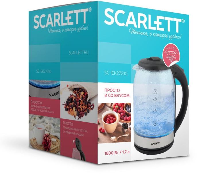 Чайник электрический Scarlett SC-EK27G10 1.7л. 1800Вт черный корпус: стекло/пластик