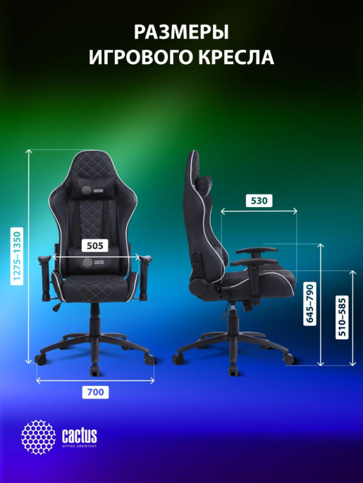 Кресло игровое Cactus CS-CHR-030BLS, экокожа, до 120кг, регулируемые 2D подлокотники,  черный/серебристый