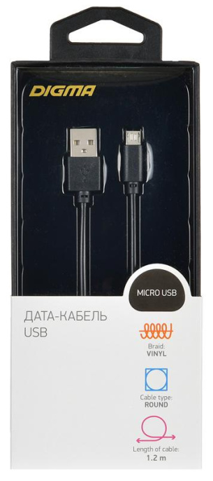 Кабель Digma micro USB m - USB m , 1.2м, 2A, черный [microusb-1.2m-blk]