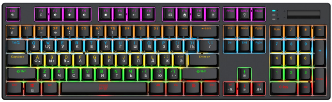 Клавиатура HAFF Synthblood (KBD-MK101) (механическая, проводная: USB, 108 клавиш, SNK switch (red), RGB- подсветка, LED Logo Screen, 1.6м плетеный кабель, цвет: черный/красный)