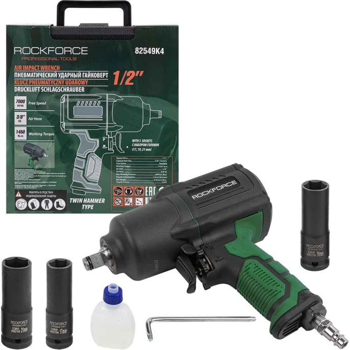 Ударный пневмогайковерт с регулировкой усилия Rockforce набор головок RF-82549K4(48140)