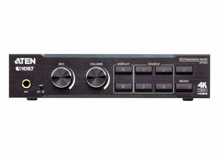 ATEN VP1421-AT-G Коммутатор презентационный, 4x вх.видео:2xHDMI+HDDB15+HDBaseT;3 вх.аудио:2xстерео MINIJACK VGA+HDMI , 2x вых.видео: HDMI+HDBaseT;2 вых.аудио:несбалансир. 3-контакн.клемма+TOSLINK, макс.разр. HDMI 4096x2160 4:4:4 60Hz/VGA 1920x1200