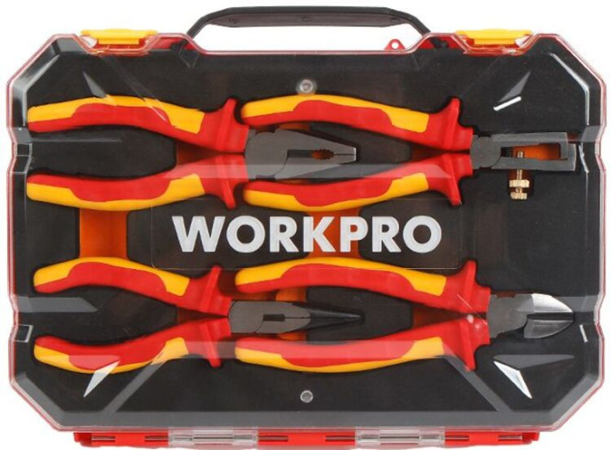 Набор инструментов WorkPro WP204703 4 предмета (в наборе: пассатижи 160 мм, длинногубцы 160 мм, бокорезы 160 мм, инструмент для зачистки проводов 160 мм, диэлектрические, изготовлено в соответствии с EN/IEC 60900, каждый инструмент индивидуально протестир