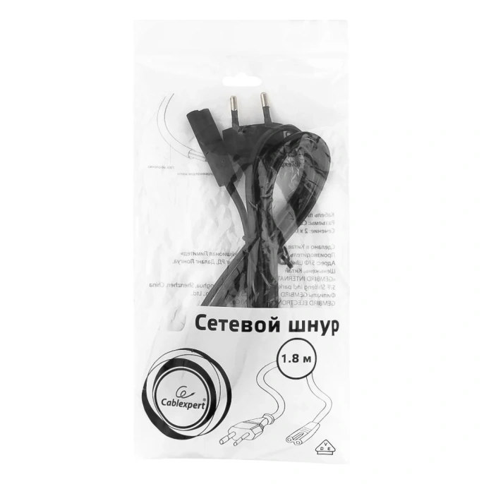 Кабель питания техники Cablexpert 1,8м, CEE 7/16 - C7, VDE, 2-pin, 2х0,75, черный PC-184-VDE-1.8М