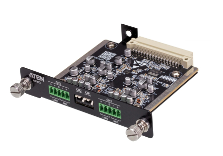 ATEN AP902-AT Карта интерфейсная, Mic/Line pre-AMP, 2 цифровых звуковых входа: сбалансир./несбалансир. сигнал микрофонного/линейного уровня, диап. усил.:-6~+36дБ микр и лин. вход;импеданс: микр.вход 3кОм/лин. вход: баланс. 20кОм/небаланс. 10кОм