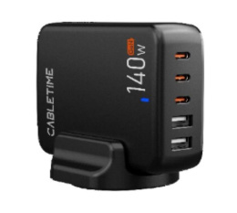 Сетевое зарядное устройство CABLETIME G140B (CT-GAN140-PB) GaN PD3.0 3C2A 140 Вт, черный