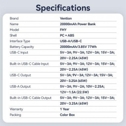 Power Bank Vention 20000mAh USB-C + USB-C/USB-A со встроенным кабелем 65W с LED Дисплеем, шт. FHYB0