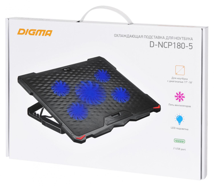 Подставка для ноутбука Digma D-NCP180-5, 18", 415х295х25 мм, 2хUSB, вентиляторы 5 х 79/150 мм, 850г, черный