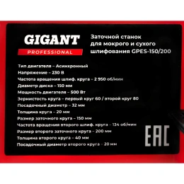 Заточной станок Gigant Professional для мокрого и сухого шлифования D-150/200мм GPES-150/200