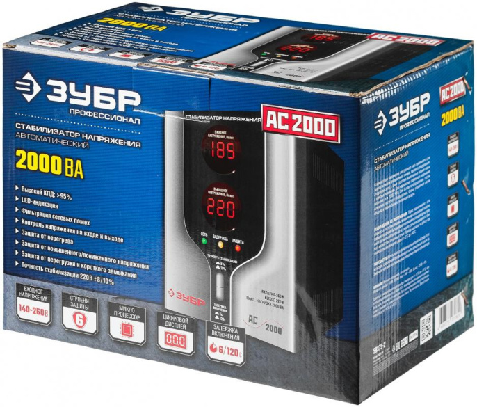 Стабилизатор напряжения Зубр АС 2000,  серый [59375-2]