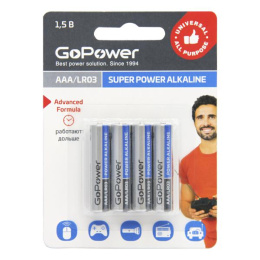 Батарейка GoPower LR03 AAA BL4 Alkaline 1.5V 4/48/576 00-00015602