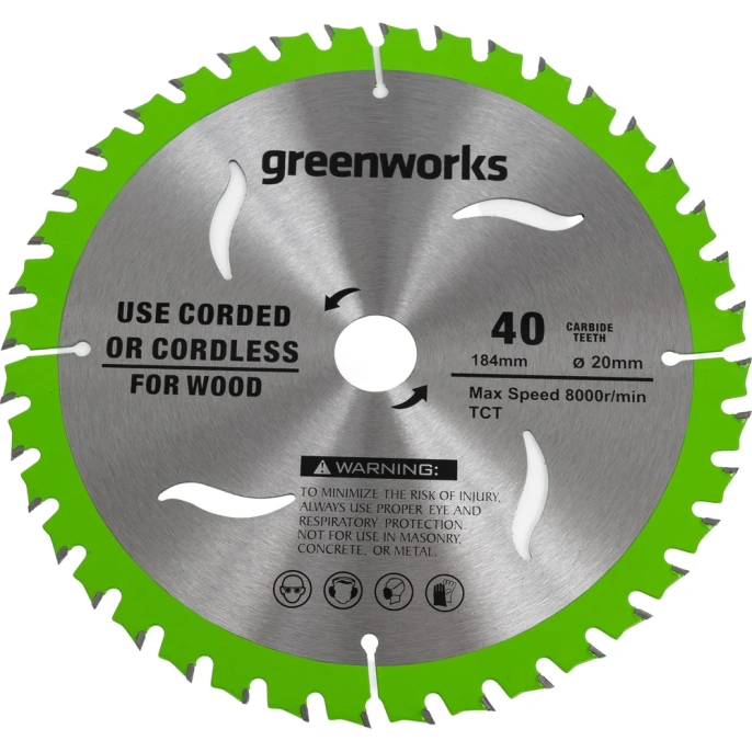 Диск пильный по дереву для циркулярной пилы 184x20 мм, 40T GreenWorks 2943307