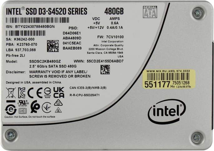 SSD накопитель Intel D3-S4520 SSDSC2KB480GZ01 480ГБ, 2.5", SATA III, SATA