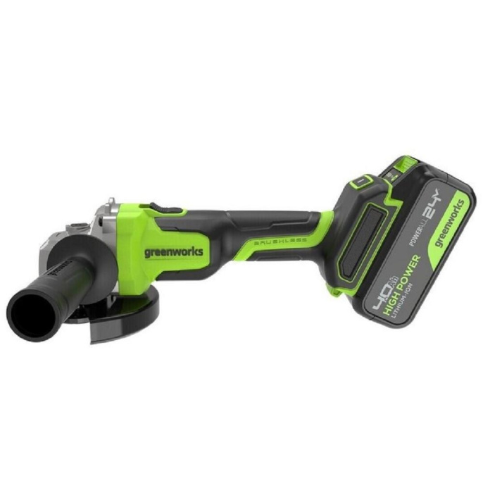 Greenworks Углошлифовальная машина аккумуляторная AG590, 24V, б/щет, 125 мм, 8500 об/мин, Anti-Kickback,1х4Ач,ЗУ,кор [3201007CUB]