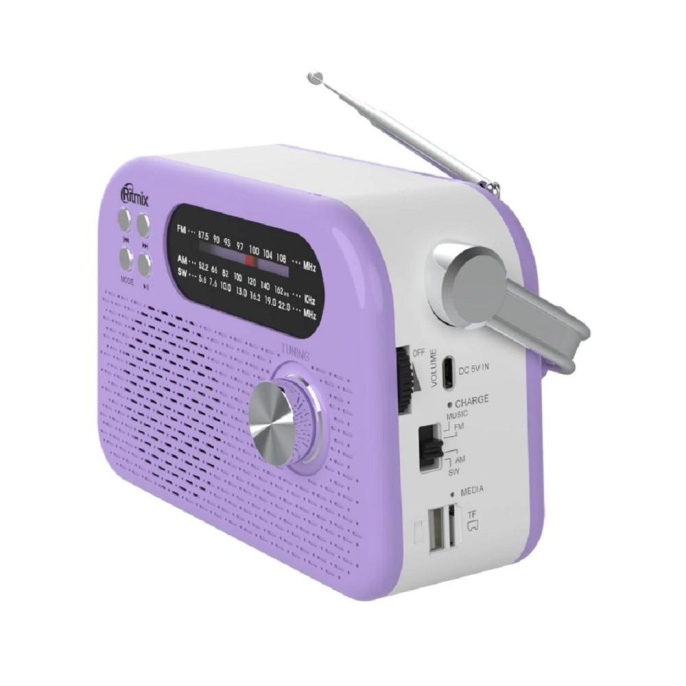RITMIX RPR-045 LAVENDER {Радиоприёмник портатив. 3хдиапазонный FM/AM/SW, Bluetooth v.5.3, воспроизв. с USB и с карт памяти micro SD до 32Gb }